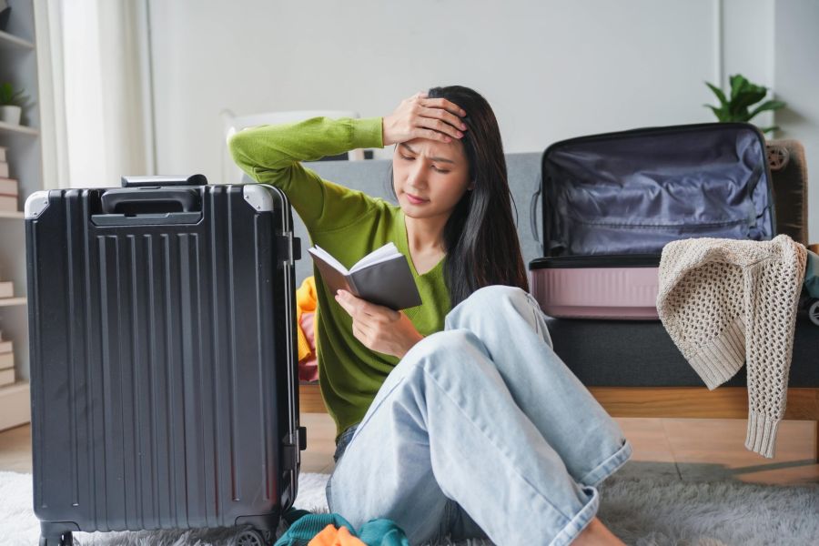 Woman sitting on the floor with a suitcase and a passport, looking concerned.
