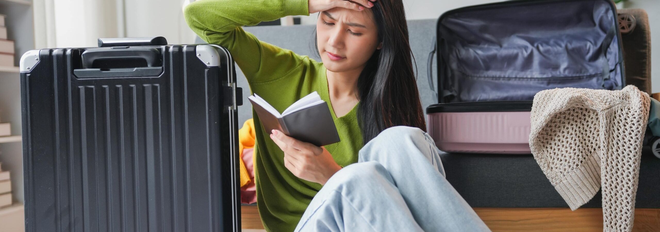 Woman sitting on the floor with a suitcase and a passport, looking concerned.